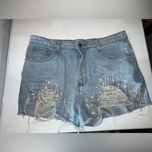 WOMENS LARGE RHINESTONE FRINGE DISTRESSED SHORTS DENIUM CUTE COWGIRL jean